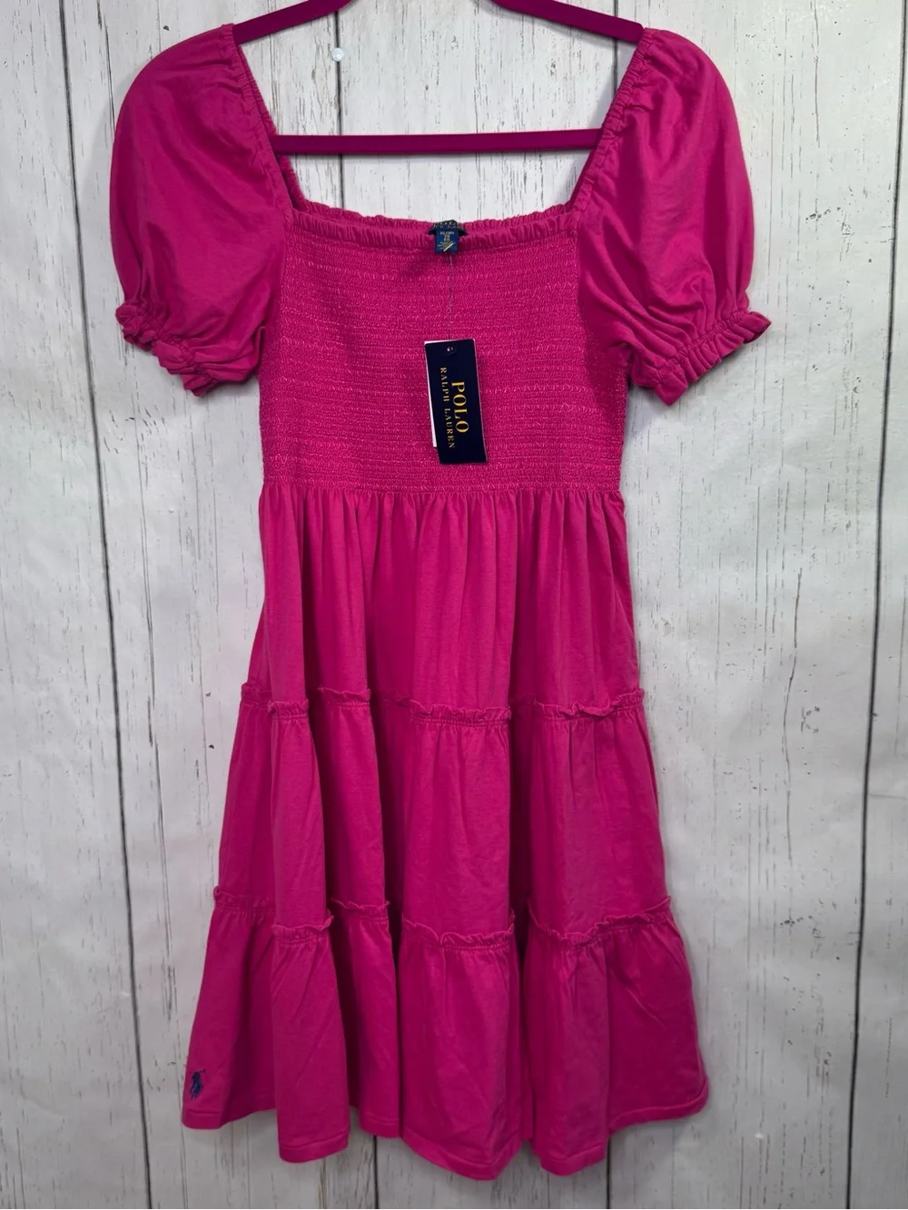 Polo Ralph Lauren Girls Pink Smocked Puff Sleeve Tiered Dress XL 16 NWT Preppy